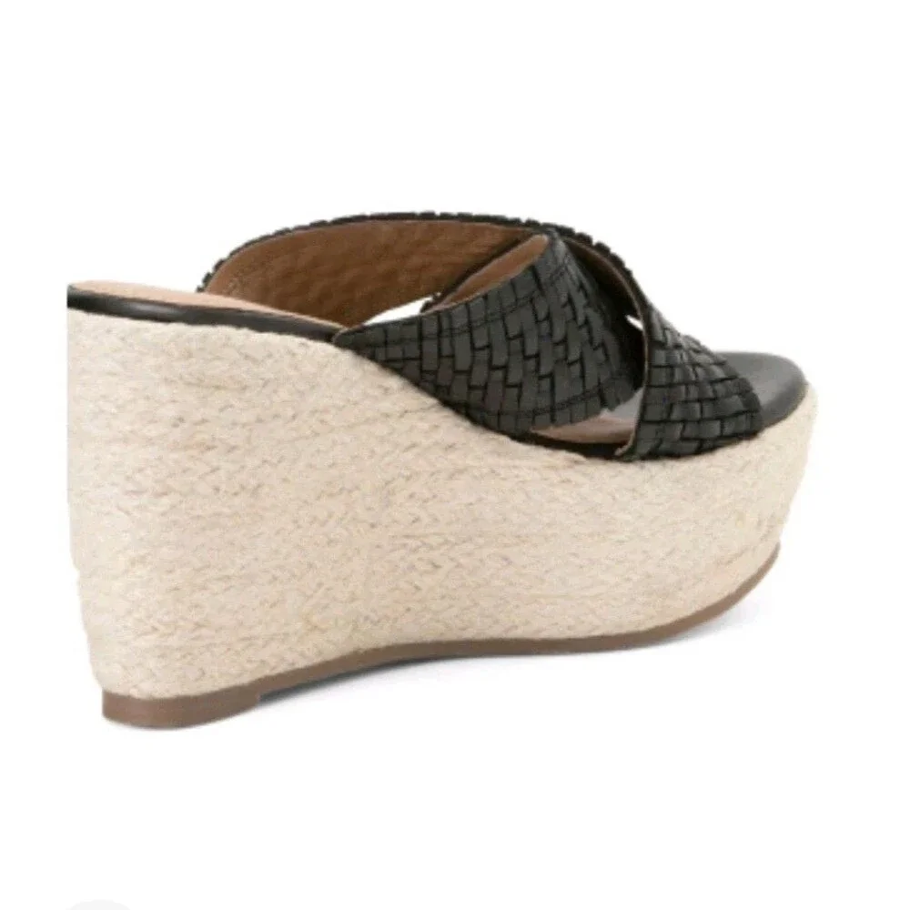 NWT Black Leather Platform Espadrille Wedge Sandals 9.5 Festival Vintage Foundry